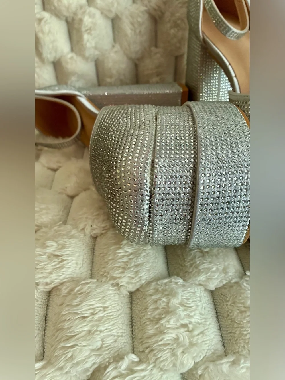 Silver Rhinestone Platform Block Heels with Ankle Strap